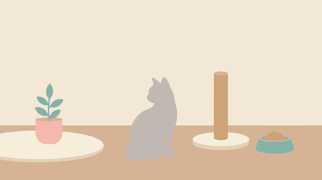 Minimalist cat sitting by window vector illustration with indoor room silhouette background design