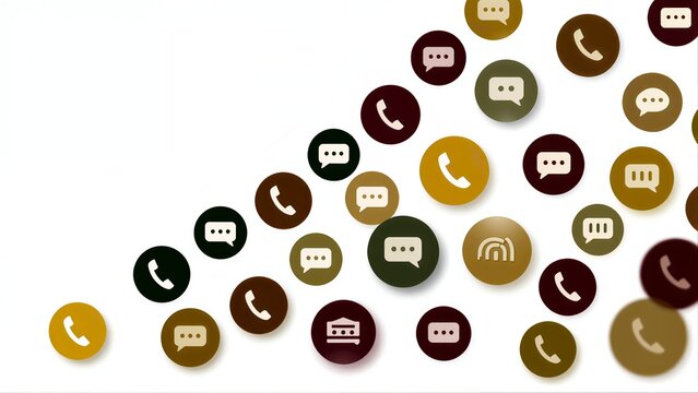 Colorful phone and chat icons scattered across a white background.