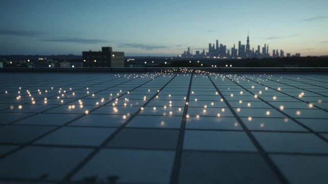 Starting close to rooftop tiles, pulling back camera revealing glowing lights field showing pattern