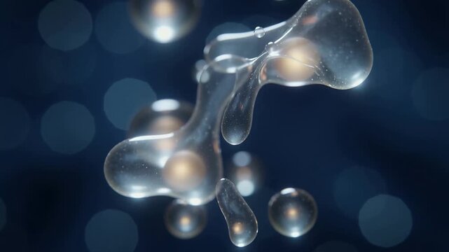 Rising glossy bubbles approaching and merging on blue backdrop fusing with warm cores, specks