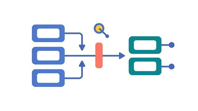 Workflow channel narrows into bottleneck with inspection marker highlight. Business technology concept