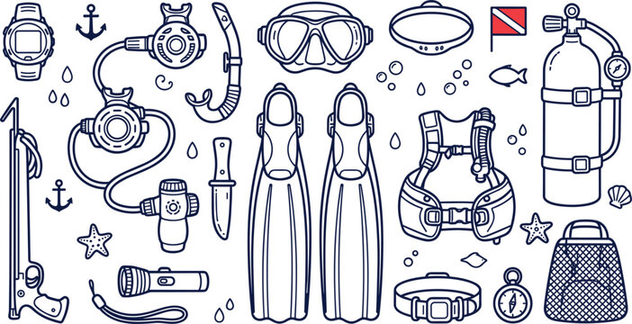 Scuba Diving Equipment and Underwater Snorkeling Marine Adventure Line Art Vector Icon Set