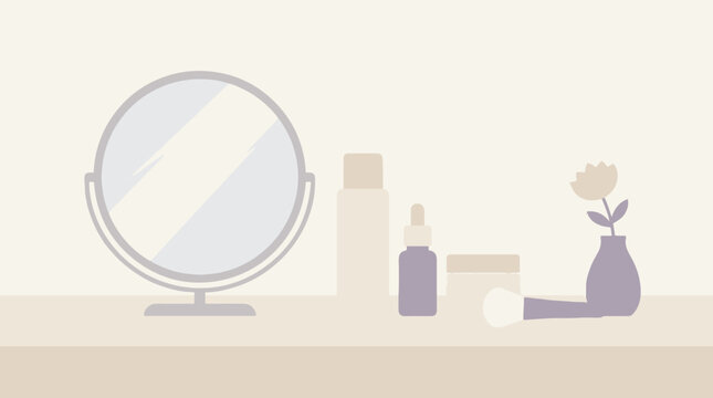 Minimalist vanity table vector illustration with round mirror cosmetics bottle and interior background design