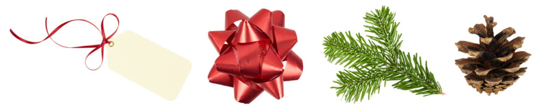 set of christmas ornamental decoration objects: ribbon bow, fir tree branch, gift adress name tag label, pine cone isolated on white or transparent png