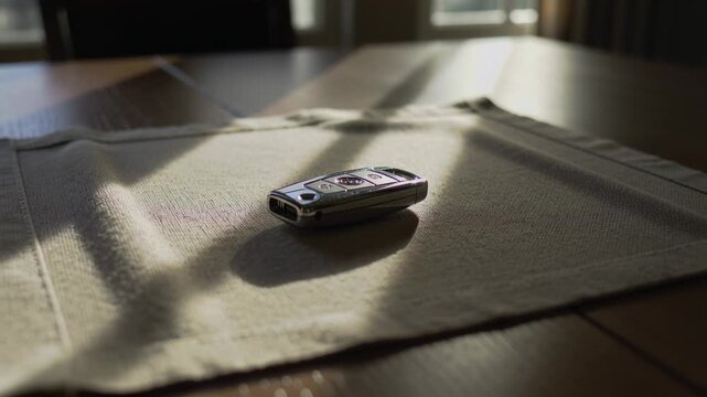 Pulling back camera, metal car remote fob staying focused on mat at kitchen table showing light