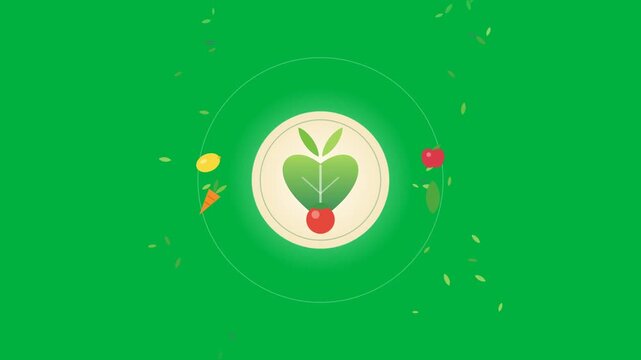 Vegan Day Animation showing green heart leaf icon and healthy fresh vegetables on green background for vegetarian lifestyle concept