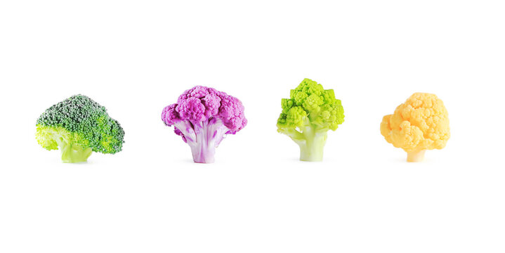 Fresh multicolored cauliflower isolated on a white background. Purple, green, and yellow florets in a row.