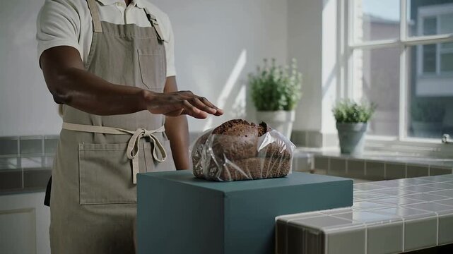 Lifting baker, beige apron, white shirt placing wrapped loaf on teal box at counter, centering
