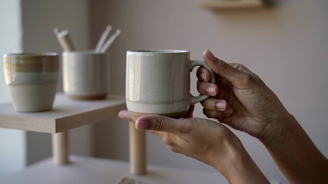 Reaching woman in beige blouse lifting and rotating ceramic mug at studio table, inspecting glaze