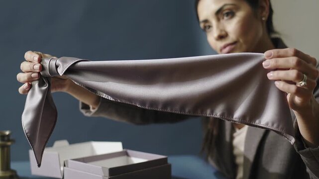 Lifting lavender box lid woman wearing blazer pulling scarf inspecting color at tabletop