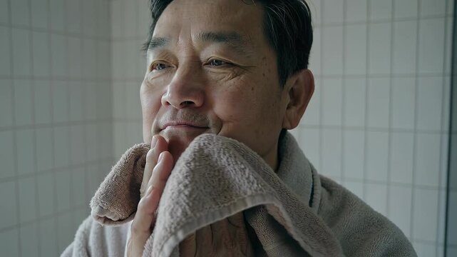 Drying senior man pressing towel to wet cheeks in tiled bathroom, with bathrobe and frosted window