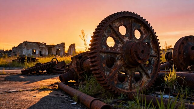 Rusty industrial gears and machinery in an abandoned factory at sunset