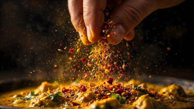 Chef Hand Sprinkling Spices on Freshly Cooked Indian Curry in Slow Motion Macro
