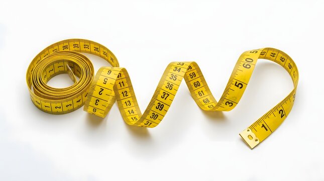 Yellow Flexible Measuring Tape Curled on White Background - Concept for Fitness, Diet, Weight Loss and Tailoring