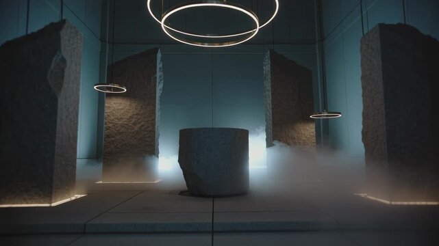 Starting shot camera pushing through neon arches in tall hall showing pedestal with gold rings, fog