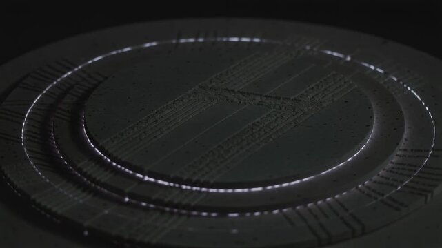 Vibrating metal disc driving powder into H-shaped ridges on lab stage, rim-lighting defining rings