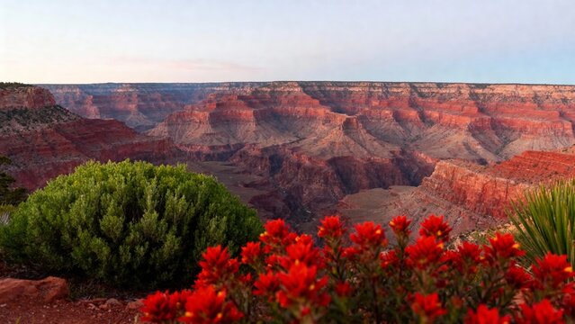 Vibrant red wildflowers in foreground with expansive canyon landscape featuring layered rock formations and distant mesas under a soft sky.