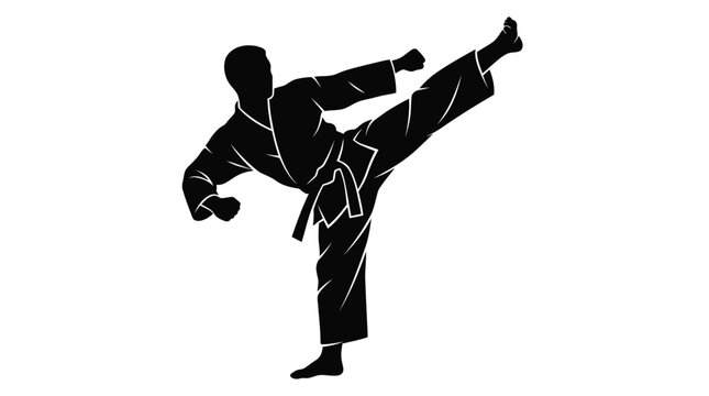 Dynamic martial arts vector graphic illustration showing black silhouette of karate fighter performing powerful high side kick pose in traditional uniform