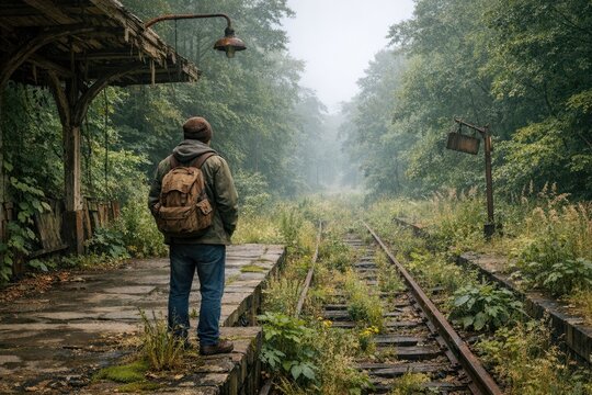 A person carrying a backpack stands on railroad tracks