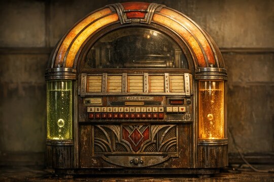 An old-fashioned jukebox sits atop a wooden table, perfect for decorating or using as a prop in music-themed scenes