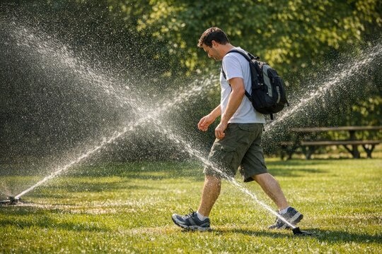 A person walking through a light drizzle or water spray, possibly after a rain shower or during a water feature installation