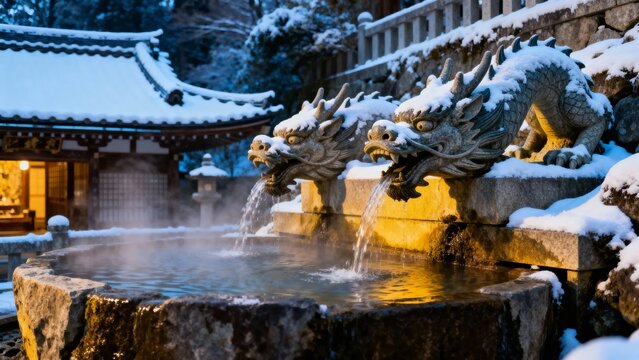 Snow-covered dragon statues spout water into a stone basin at a traditional Japanese temple during winter.