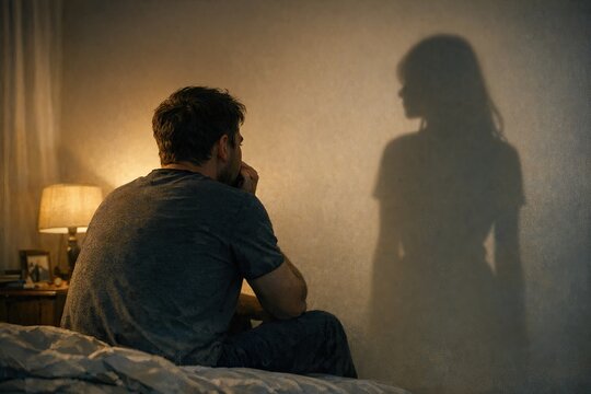 A person sits on a bed with their shadow cast on the wall, perfect for use in scenes about solitude, contemplation or introspection