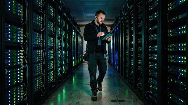 Technician Managing Servers in Data Center