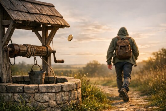 A person walks along a rural dirt path next to an old-fashioned well