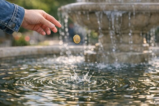A person throws a coin into a fountain, making a wish or expressing gratitude