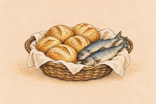 Rustic Basket with Bread and Fish on Beige Background, Biblical Loaves and Fishes Illustration