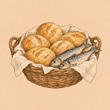 Basket of Bread and Fish, Biblical Miracle of Loaves and Fishes Christian Illustration
