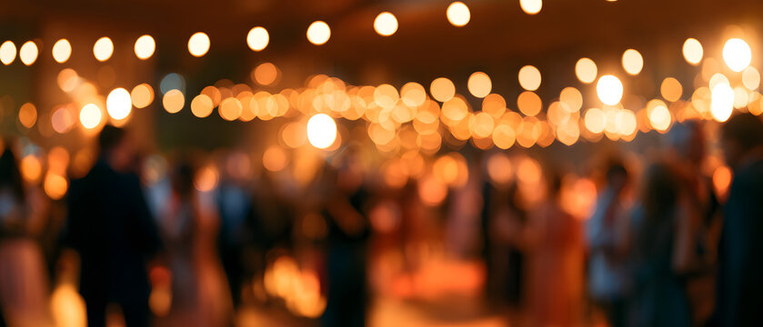 A blurry backdrop of a refined evening gathering. The crowd at a wedding reception or corporate party, under warm, glowing string lights, is focused on the festive golden bokeh panorama