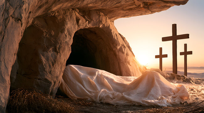 Tomb devoid of earthly remains, adorned with a burial shroud and three crosses, illuminated by the morning sun