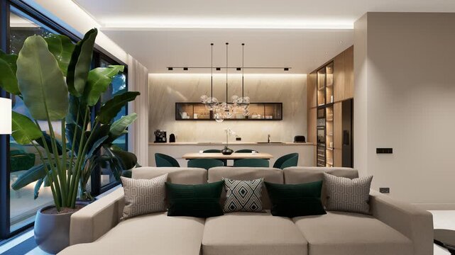 4K pan of a luxury open-concept interior featuring a modern living room, dining area, floating staircase, marble wall, and panoramic glass pool view at dusk.