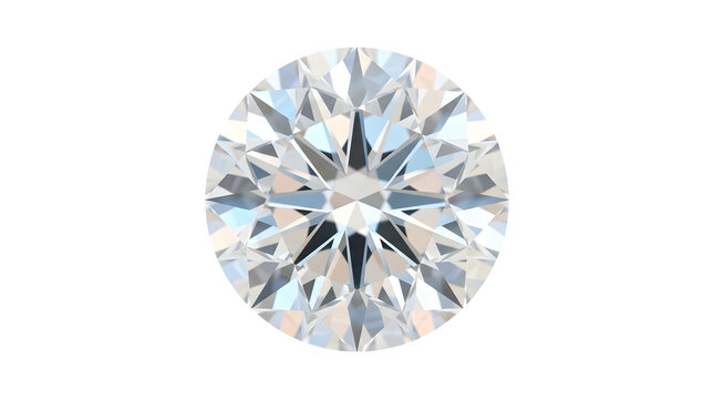 3D rendered top down view of a brilliant round cut diamond displaying its flat octagonal table, intricate crown facets, and brilliant star and upper girdle facets isolated on a pure white background