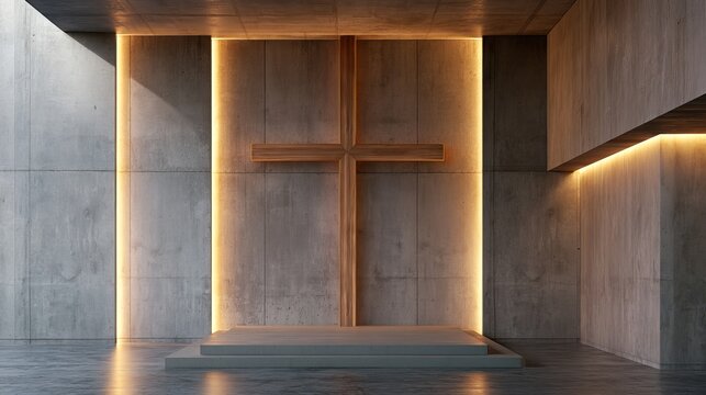Wooden cross stands centered within a modern, illuminated grey stone sanctuary, representing faith, hope, and spiritual solace