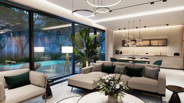 4K pan of a luxury open-concept interior featuring a modern living room, dining area, floating staircase, marble wall, and panoramic glass pool view at dusk.