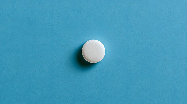 A solitary round white pill for medicinal use, placed flatly on a surface