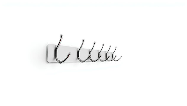 White wall mounted coat rack with black decorative hooks isolated on white background
