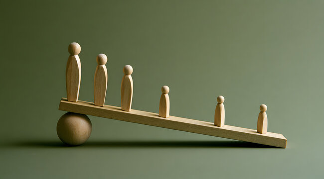 Stylized human figures made of wood arranged on an inclining board symbolizing social disparities and economic divide.