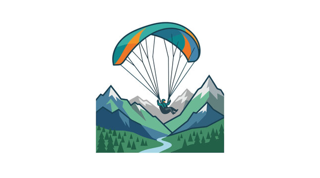 A paraglider soaring through the air above a scenic mountain valley landscape.