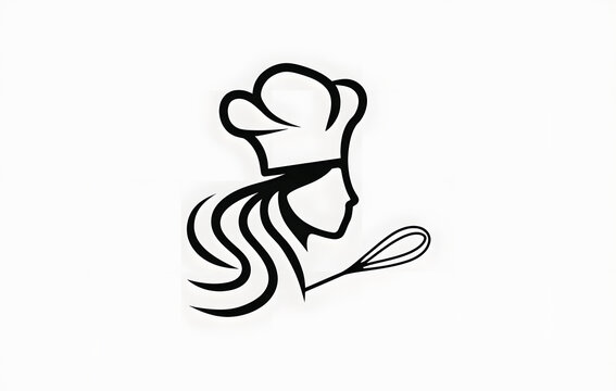 Minimalist line art logo of the woman chef. In a profile silhouette, she wears a tall toque hat with flowing hair. A whisk tool is visible. The simple black icon represents a bakery brand, culinary bu