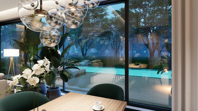 4K pan of a luxury open-concept interior featuring a modern living room, dining area, floating staircase, marble wall, and panoramic glass pool view at dusk.