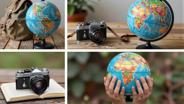 Globe, camera, and hands symbolize exploration, travel, learning, and global connection.