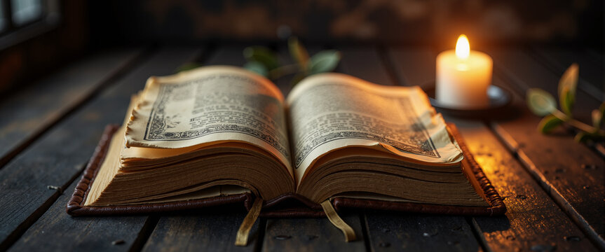 Close-up ancient leather grimoire candlelit on dark wooden table for websites, blogs, clip art for postcards, stationery design, for information, education and raising awareness of witchcraft