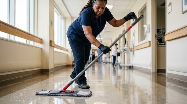 A dedicated female cleaning staff member mops the floor in a bright hospital hallway