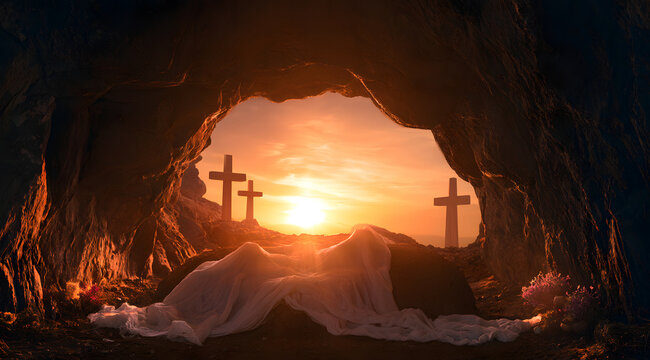 Tomb devoid of burial cloth and featuring three crucifixes at dawn