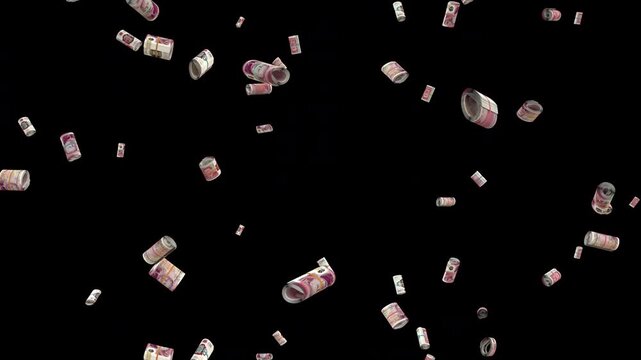 Falling rolled up GBP K bills loop Rain Wealth