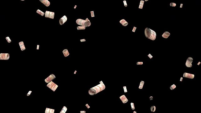 Falling rolled up Ruble bills loop Rain Wealth
